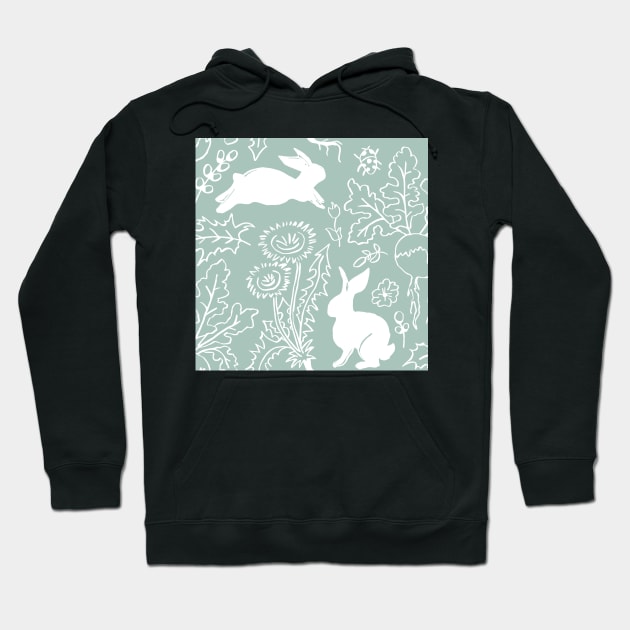 Rabbits Playing in the Vegetable Garden - Pattern on Light Green Hoodie by colorofmagic